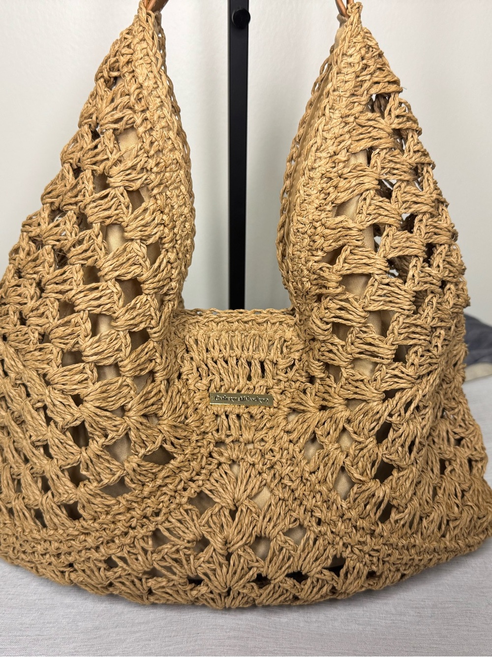 Catherine Malandrino Khaki Woven Straw Fall Hobo Shoulder Bag Minimalist - Picture 5 of 9